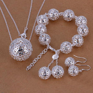 Silver-plated exquisite jewelry set with geometric three-dimensional ball pendant necklace, bracelet, and earrings