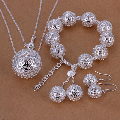 Silver-plated exquisite jewelry set with geometric three-dimensional ball pendant necklace, bracelet, and earrings