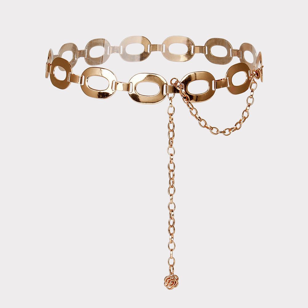 Gold-tone hollow out metal summer jewelry waist chain with adjustable clasp and dangling charm