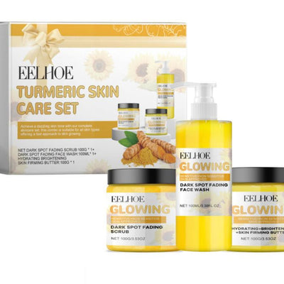 Turmeric Skincare Set featuring dark spot fading scrub, face wash, and skin firming butter with turmeric and natural oils.
