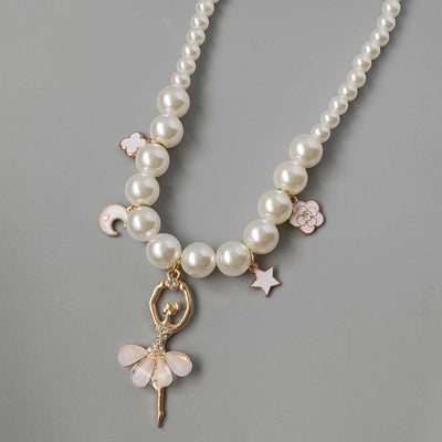 Children's Korean style pearl necklace with ballerina and star charms in white and pink colors