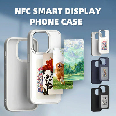 E-ink screen phone case with NFC smart display, customizable image projection, compatible with iPhone, luxury designer TPU cover in black and white colors.