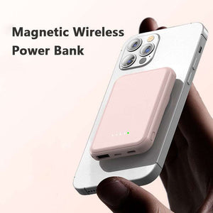 Mini fast charging magnetic wireless power bank 5000mAh portable attached to smartphone in pink color