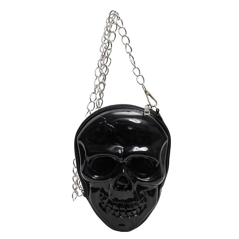 Black silicone women's fashion chain bag shaped like a skull with single silver chain strap