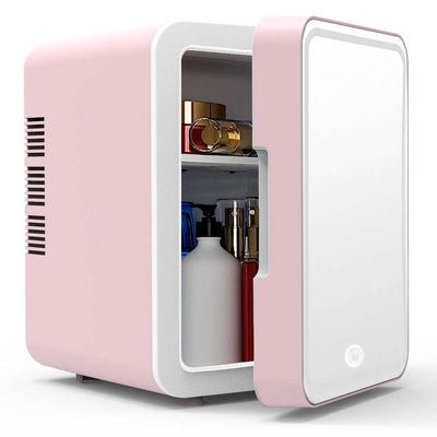 Pink refrigerator mirror with built-in LED lights for beauty and skincare product storage