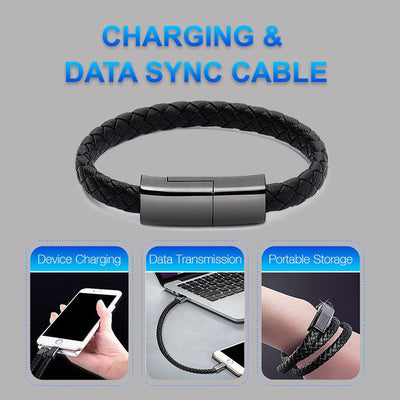 Black braided leather USB charging and data sync bracelet cable for iPhone and Android phones with zinc alloy magnetic clasp