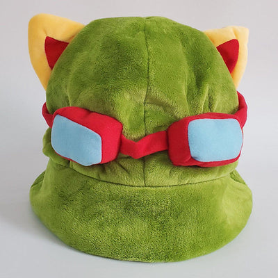 Green plush Teemo hat with yellow and red ears and red-blue goggles detail