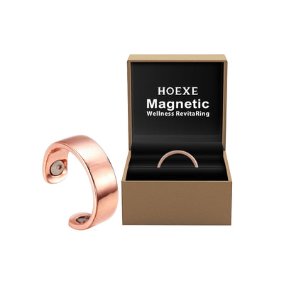 Rose gold magnetic wellness RevitaRing made of alloy with magnet, displayed with a black and brown branded box.