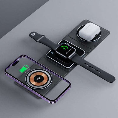 3 in 1 magnetic wireless charger station folding fast charge for iPhone, Apple Watch, and AirPods in black
