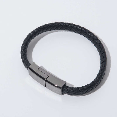 Black braided leather bracelet charger USB cable with zinc alloy clasp for iPhone and Type-C devices