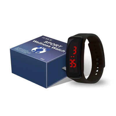 Sport Wellness Watch with digital red LED display and black silicone band next to blue product box