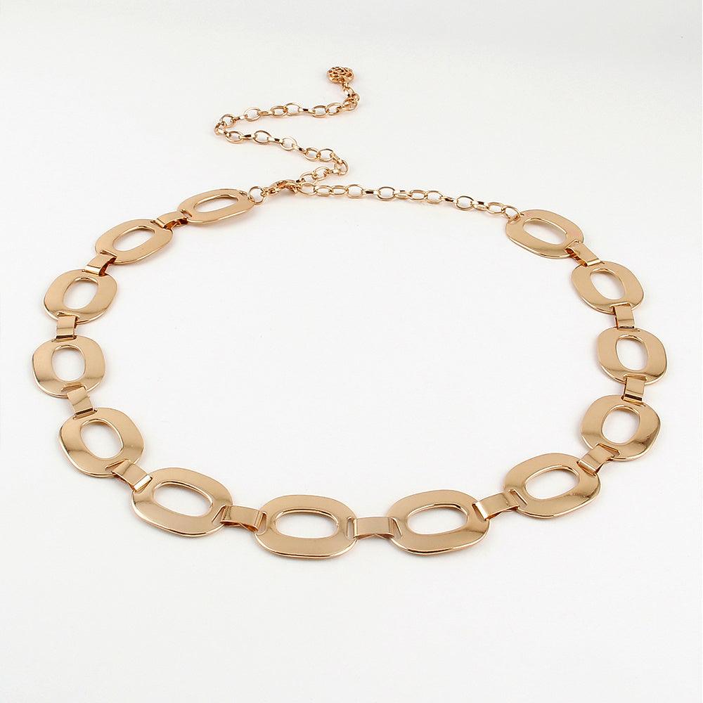 Gold-toned hollow out metal waist chain with linked oval shapes for summer jewelry fashion