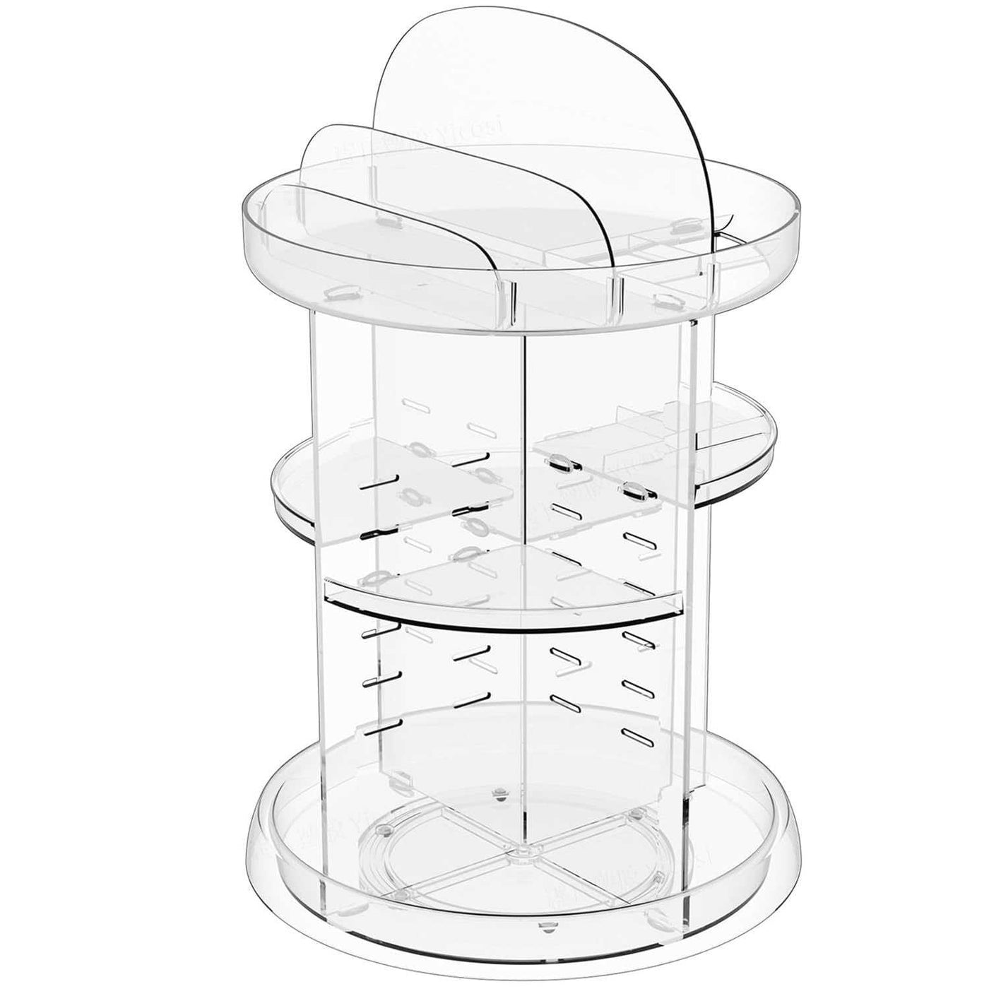 Clear acrylic 360 rotating makeup organizer with adjustable height tiers and spinning carousel design for cosmetics and skincare storage.