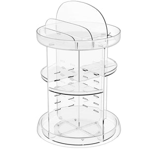 Clear acrylic 360 rotating makeup organizer with adjustable height tiers and spinning carousel design for cosmetics and skincare storage.