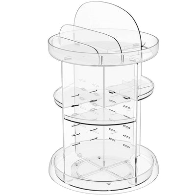 Clear acrylic 360 rotating makeup organizer with adjustable height tiers and spinning carousel design for cosmetics and skincare storage.
